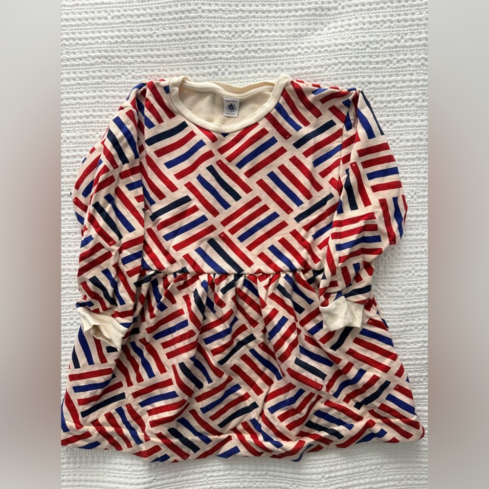 Petit Bateau Red, Blue, Cream Patterned Long-Sleeve Dress